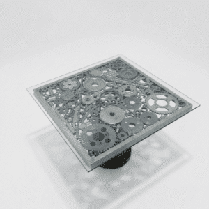 Table industrielle en verre et métal