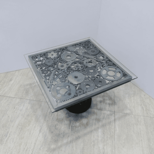 Table industrielle en verre et métal