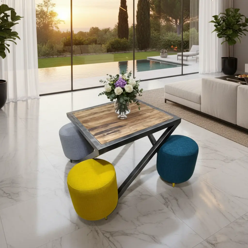 Table carrée avec poufs colorés intégrés