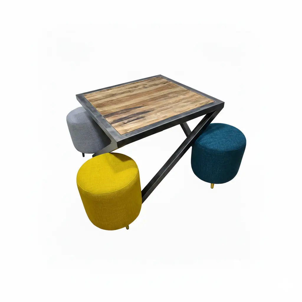 Table carrée avec poufs colorés intégrés