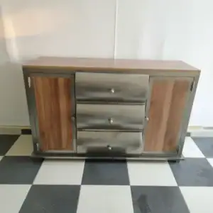 Buffet moderne métal & bois – 3 tiroirs + rangements latéraux